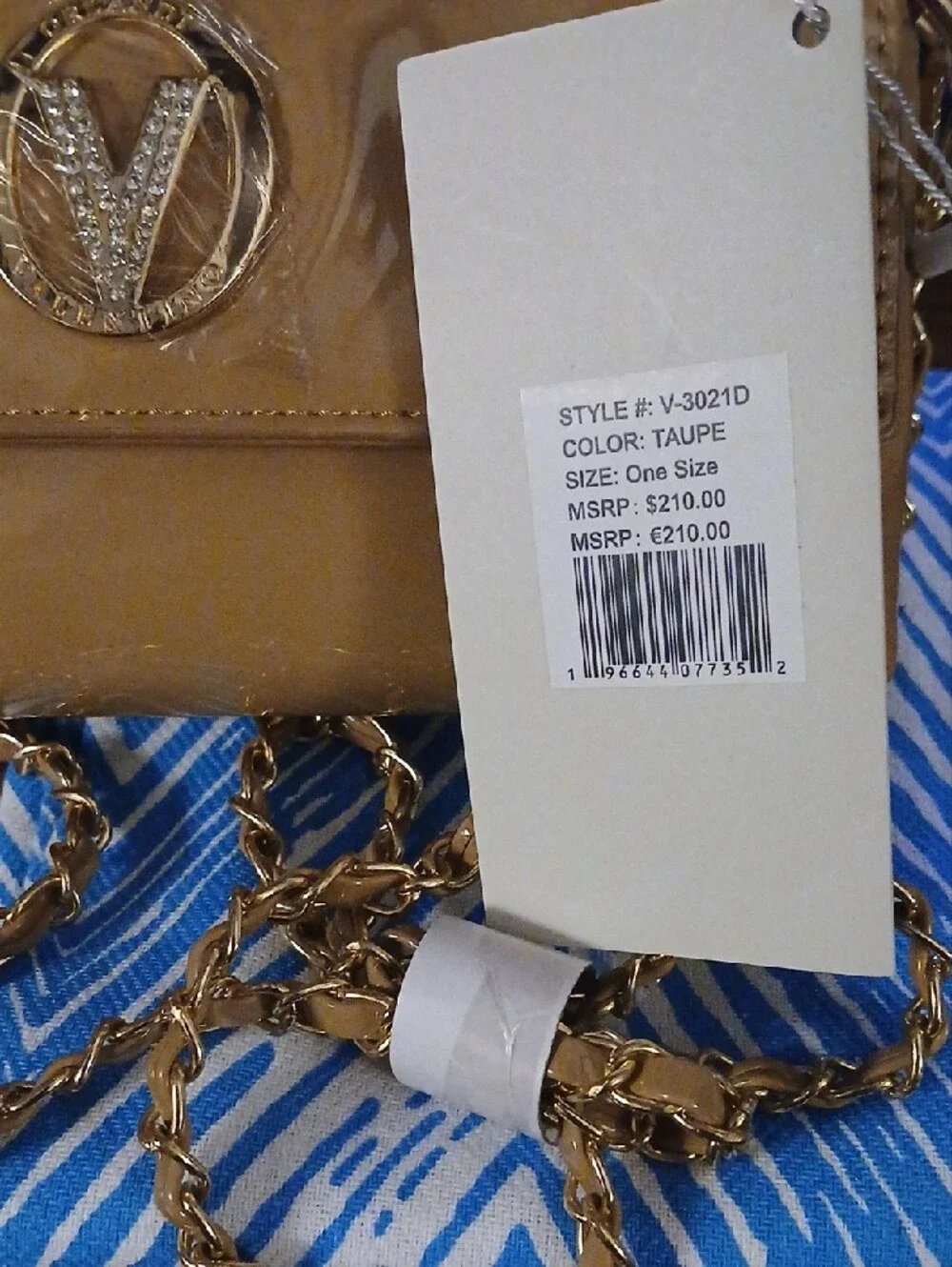 Valentino Orlandi Tan Patent Crossbody Bag with Gold Chain